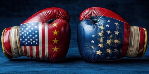Two worn boxing gloves painted with American and Chinese flag motifs facing each other on a blue background, tense confrontation and symbolic rivalry