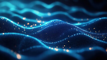 Serene undulating blue particle waves forming a glowing digital mesh scattered with warm golden sparks, a futuristic and mesmerizing abstract light landscape
