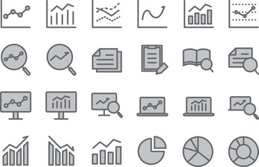 データ分析・調査のシンプルな黒い線画のグレーのアイコンセット