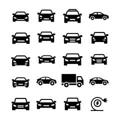Vector icons of diverse vehicles, including cars, trucks, and an electric charger, for modern digital transport and mobility design solutions