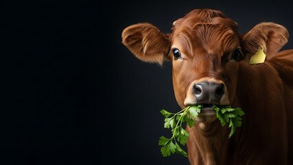 Cute Calf Eating Parsley Herb Isolated on Black Background Portrait