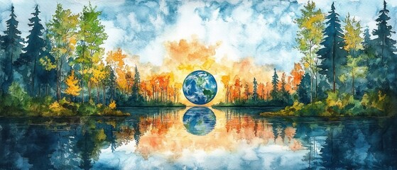 Floating earth above a reflective lake framed by autumn forest and golden sunrise, serene and hopeful watercolor landscape