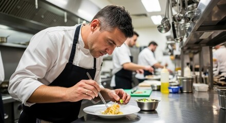 A chef in a professional kitchen, preparing a dish with a fork and knife, with other chefs in the background.