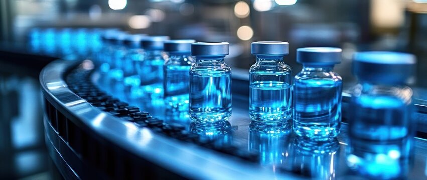 Row of glass medical vials filled with blue liquid on a sterile production conveyor, clinical and precise atmosphere