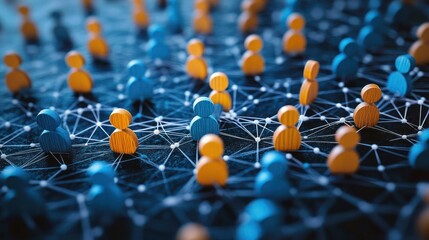 blue and orange wooden peg figures linked by white network lines on a dark surface, conveying connectedness, collaboration and community