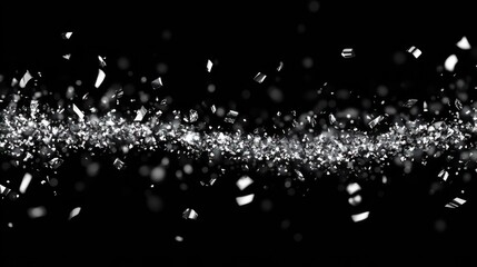 horizontal stream of silver glitter and glass shards sparkling dramatically against a deep black background