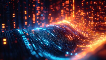Glowing blue and orange pixel wave of digital data streaming across an undulating surface, vibrant futuristic energy and motion