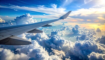 Obraz premium View of airplane wing soaring through bright fluffy clouds in the sky