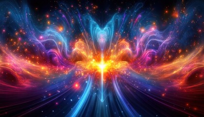 Fototapeta premium symmetrical cosmic nebula burst with radiant central light and wing-like energy streams, colorful stars and glowing particles evoking awe and mystical wonder