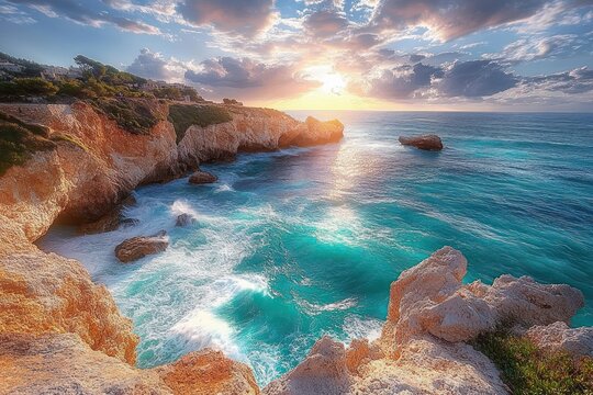 Golden sunset over rugged coastal cliffs and turquoise sea with waves crashing, coastal homes on a headland, dramatic clouds and a tranquil glowing horizon - Powered by Adobe