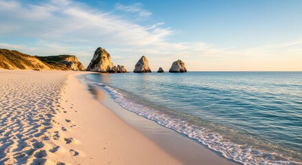 A pristine natural beach, fine white sand, clear blue water, calm waves, coral reefs in the distance, a clear sky with soft clouds, and golden afternoon sunlight. Background