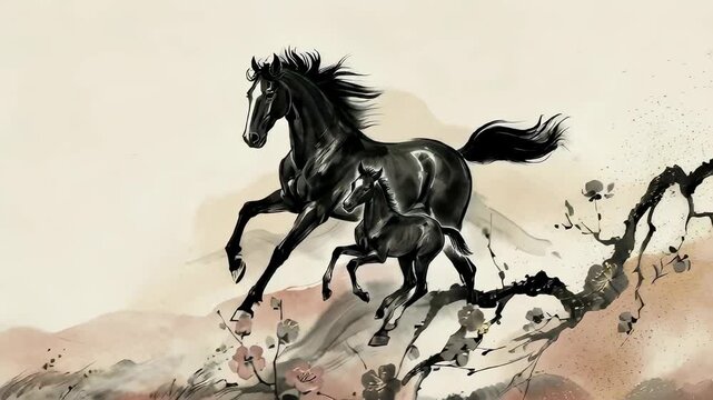 Two black horses galloping on dynamic Chinese painting with flowers for Chinese New Year. Traditional artwork of the New Year of Horse.