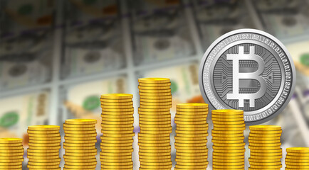 Vector financial economic poster. 3D stacks of gold coins and bitcoin. Digital cryptocurrency. Blurred US 100 dollars bills. Banks, business and technology. High tech