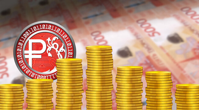 Vector financial economic poster. 3D stacks of gold coins and russian digital ruble. Cryptocurrency. Blurred 5000 rubles bills. Banks, business and technology. High tech of Russia