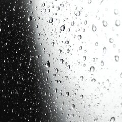 Fototapeta premium Close-up of raindrops on a glass pane with a high-contrast black-to-white background, creating a moody and contemplative atmosphere