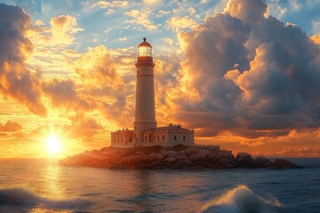 Solitary lighthouse on a rocky islet bathed in golden sunset light with dramatic clouds, sun rays and reflective ocean waves, evoking calm and awe