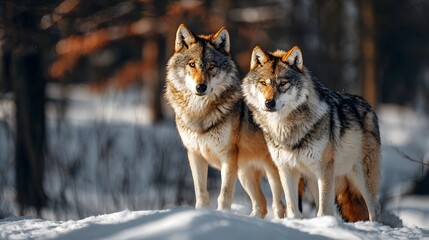 Two majestic wolves standing together in a snowy winter landscape.