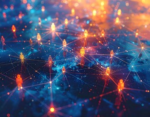 Illuminated figures connected by lines in a vast, blue-orange network