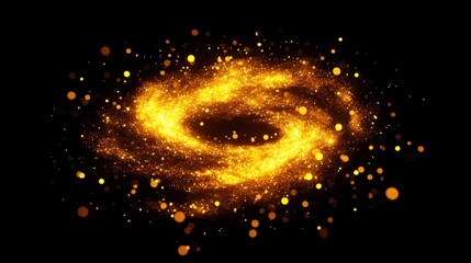 Glowing golden spiral ring of sparkling particles and bokeh lights on a black background, evoking cosmic wonder and mystical energy