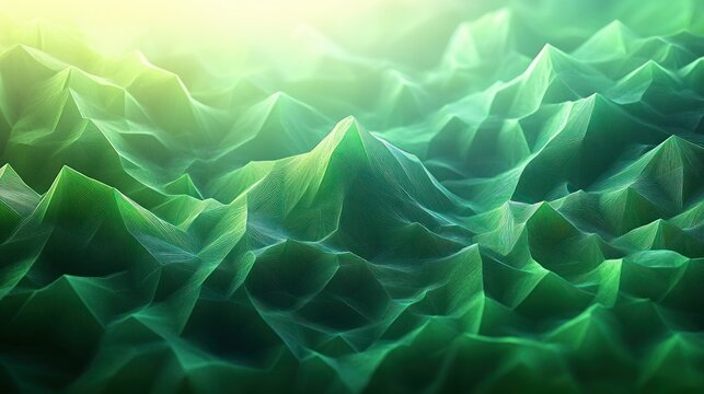 Ethereal green wireframe mountain landscape with glowing sunrise, geometric peaks and soft light evoking calm futuristic wonder