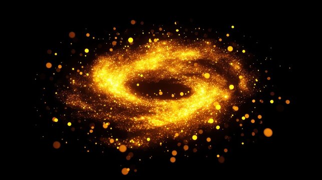 Glowing golden spiral ring of sparkling particles and bokeh lights on a black background, evoking cosmic wonder and mystical energy - Powered by Adobe