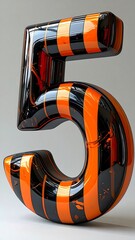 Glossy, striped number five.  Orange and black bands, smooth texture, studio lit