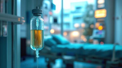 intravenous drip bag filled with amber fluid hanging beside an empty hospital bed in a calm, softly lit clinical room