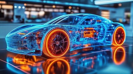 Futuristic neon wireframe sports car with glowing orange rims and visible internal circuitry on a reflective showroom floor, sleek and energetic