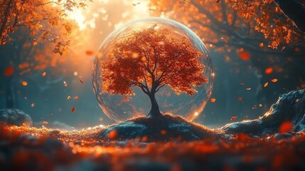 Solitary autumn tree with glowing orange leaves encased in a transparent glass bubble on a mossy mound, warm sunlight and falling leaves create a serene enchanted forest mood