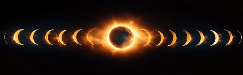 row of glowing crescent moons and a central fiery eclipse with a dark orb and radiant corona, evoking a dramatic, mysterious cosmic spectacle