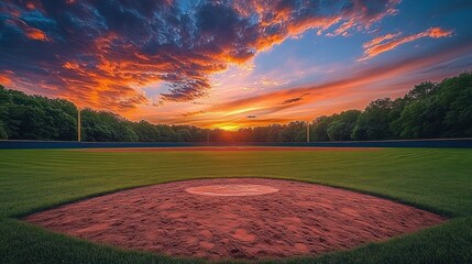 Empty baseball field at sunset with clay infield and green outfield, tree-lined fence and light poles beneath a dramatic colorful sky, evoking calm awe and peaceful solitude