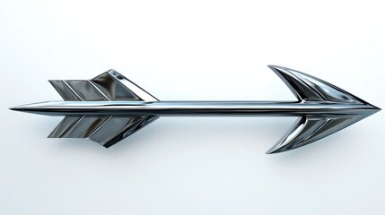 sleek chrome arrow with reflective polished metal surface and stylized fletching on white background conveying speed and futuristic motion