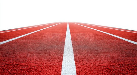 Empty red running track with white lane lines vanishing into a bright horizon, conveying focus, determination and anticipation