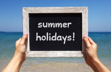 Hands Holding Summer Holidays Chalkboard Sign at Beach - Seaside Vacation, Tropical Getaway, Outdoor Leisure, Travel Destination.