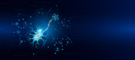 Health care medical. Human nerve cell organ hologram transparent in the ring line with icon digital medical technology. On dark blue background. Science banner vector.