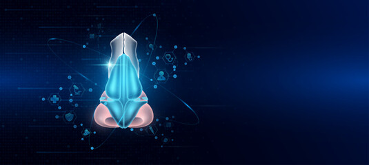Health care medical. Human nose organ hologram transparent in the ring line with icon digital medical technology. On dark blue background. Science banner vector.