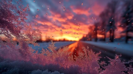  Frozen Crystals on Glass with Warm Sky and Winter Road Landscape, Cold Weather Beauty, Outdoor.
