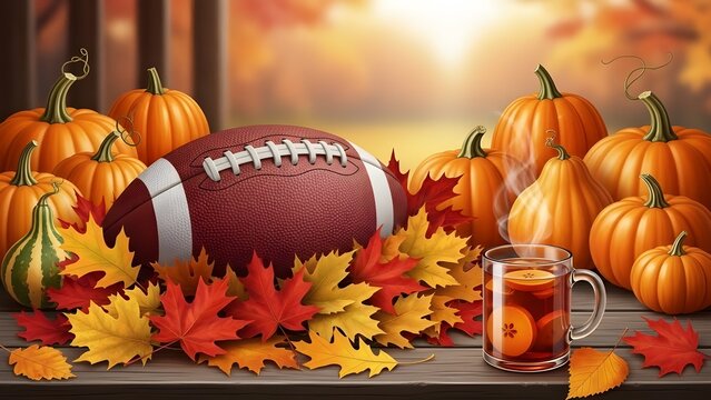A cozy autumn scene featuring pumpkins, football, and hot apple cider
