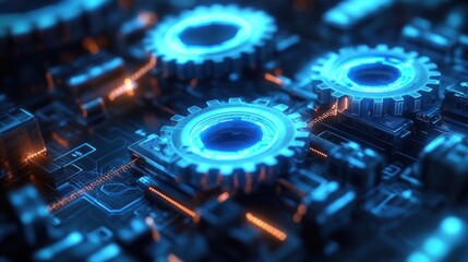 Fototapeta premium Futuristic glowing blue gear rings embedded in a high-tech circuit board with orange traces, conveying precision and energized digital machinery