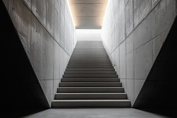 minimal concrete stairway ascending to a bright skylight with warm recessed ceiling light, narrow symmetrical corridor, metal handrail and stark geometric shadows, calm contemplative mood
