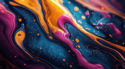 vibrant flowing liquid paint swirls in teal, magenta and gold with glossy droplets and shimmering speckles, energetic and mesmerizing abstract fluid motion