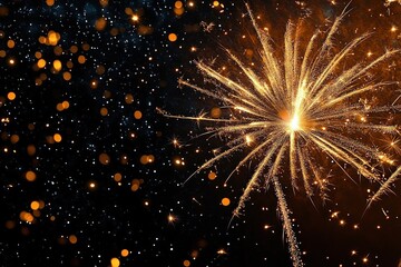 golden sparkler burst with trailing sparks and glowing bokeh lights against a dark night sky, festive and magical celebration