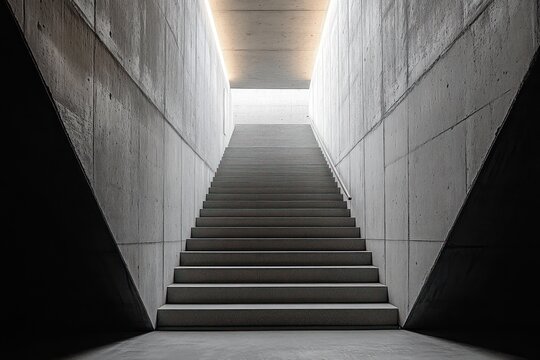 minimal concrete stairway ascending to a bright skylight with warm recessed ceiling light, narrow symmetrical corridor, metal handrail and stark geometric shadows, calm contemplative mood - Powered by Adobe