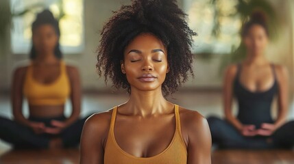Three women in activewear sitting cross-legged in a sunlit studio meditating together, calm and focused