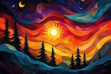 Naklejka premium Dreamlike vibrant pine forest with glowing sun, crescent moons, starry night and flowing layered colorful hills evoking a serene magical mood