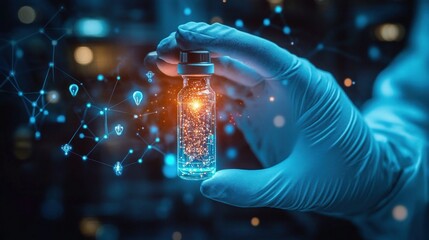gloved hand holding a glowing vial filled with sparkling particles and connected digital network, futuristic laboratory scene evoking discovery, precision and hope