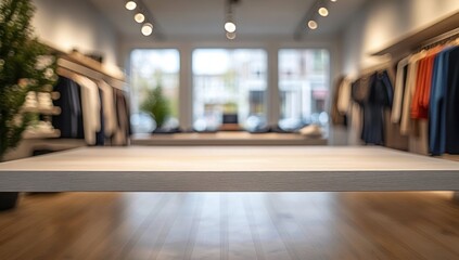Empty modern clothing boutique interior with wooden display table, side garment racks, large front windows and warm spotlights creating a calm inviting atmosphere