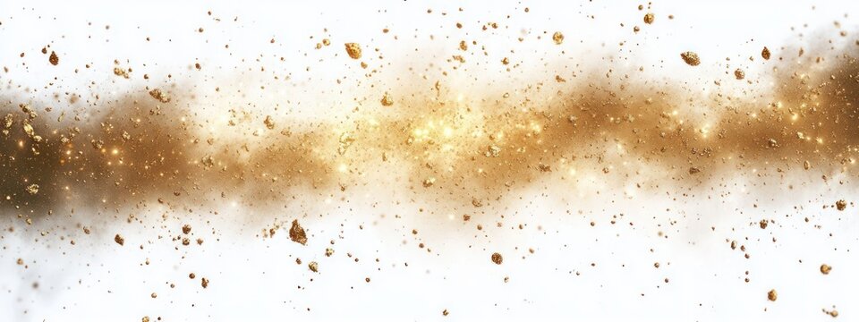 Horizontal cloud of golden dust, glitter and sparkling flecks against a white background conveying energy, celebration and luxurious shimmer
