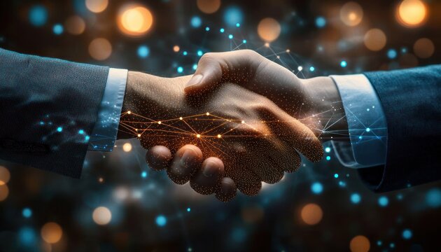 Two business professionals shaking hands with glowing digital network overlay in a futuristic bokeh background conveying trust and collaboration - Powered by Adobe