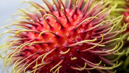 Fresh Red Rambutan Macro Photography with Water Droplets - Exotic Rambutan Close Up